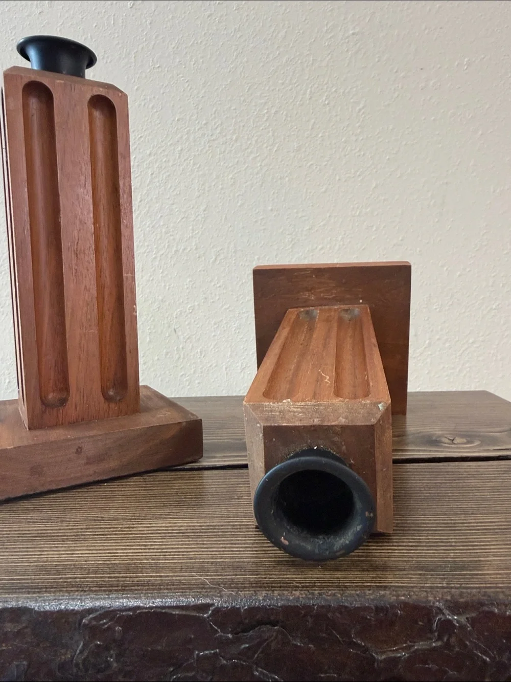 Vintage Mid Century Wood Candle Holders Pair Geometric Carved Taper Candlesticks